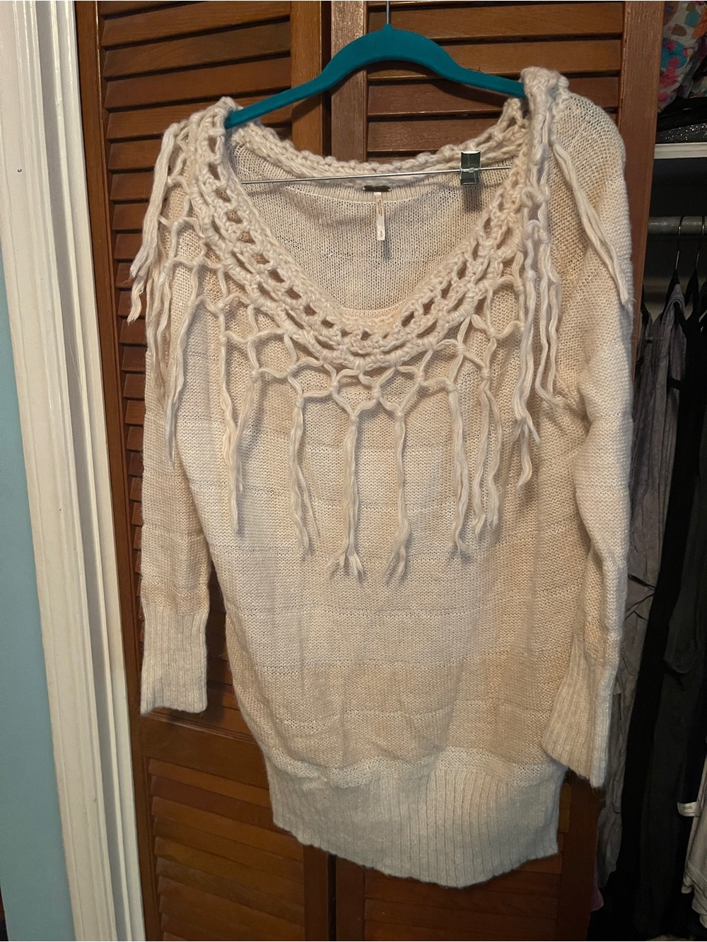 Free People Cream Fringe Knit Tunic Sweater